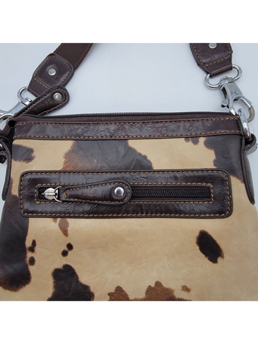Cowhide Print Crossbody Purse With Studded Cross Embellishment - Picture 3 of 12